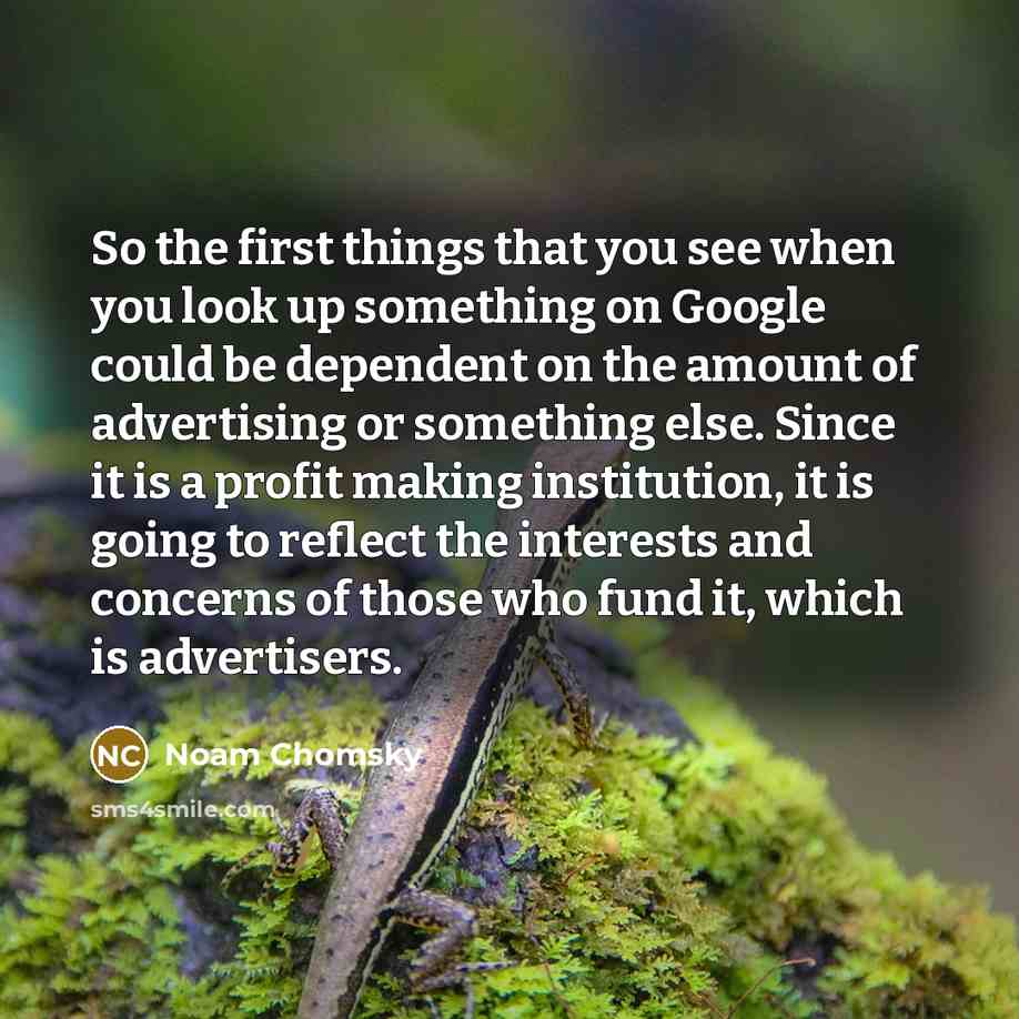 “So the first things that you see when you look up something on Google could be dependent on the amount of advertising or something else. Since it is a profit making institution, it is going to reflect the interests and concerns of those who fund it, which is advertisers.” quote by Noam Chomsky