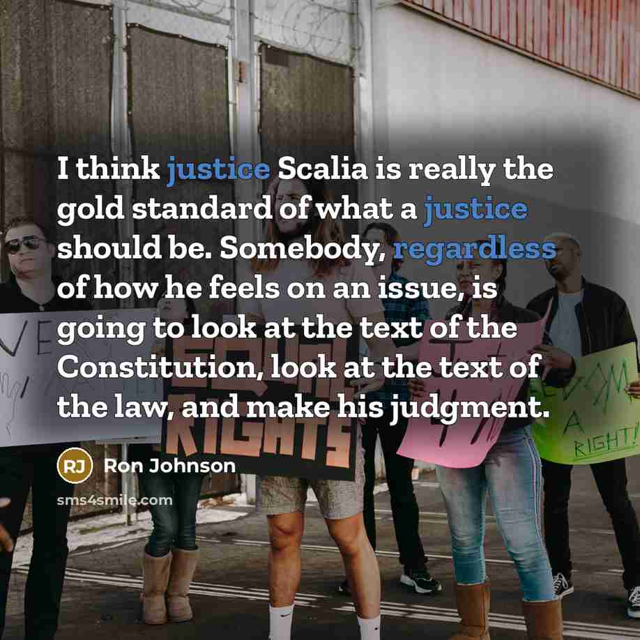 “I think justice Scalia is really the gold standard of what a justice should be. Somebody, regardless of how he feels on an issue, is going to look at the text of the Constitution, look at the text of the law, and make his judgment.” quote by Ron Johnson