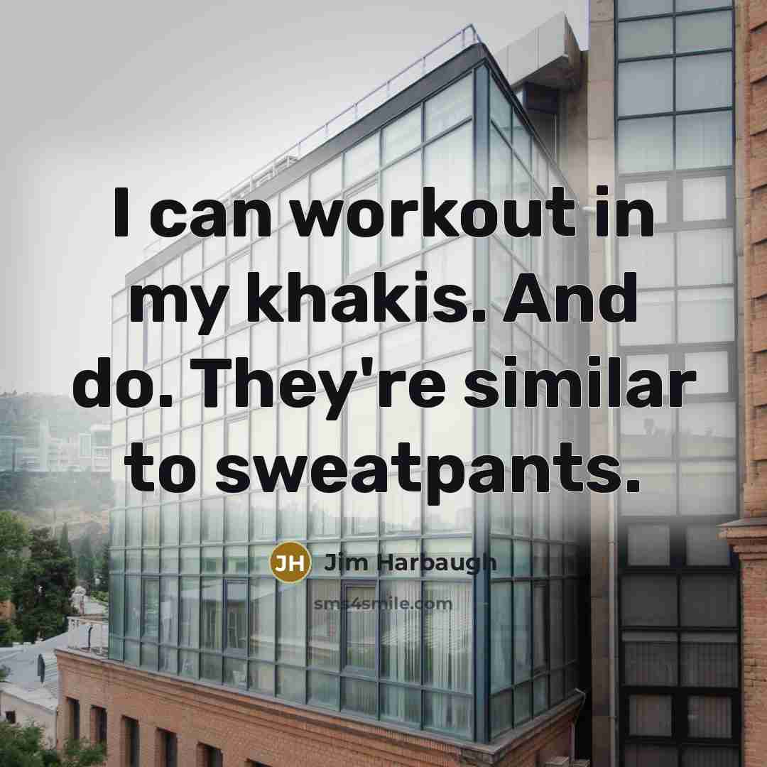 “I can workout in my khakis. And do. They're similar to sweatpants.” quote by Jim Harbaugh