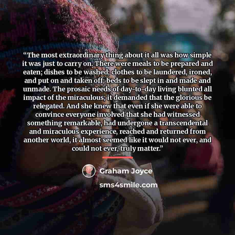 “The most extraordinary thing about it all was how simple it was just to carry on. There were meals to be prepared and eaten; dishes to be washed; clothes to be laundered, ironed, and put on and taken off; beds to be slept in and made and unmade. The prosaic needs of day-to-day living blunted all…” quote by Graham Joyce
