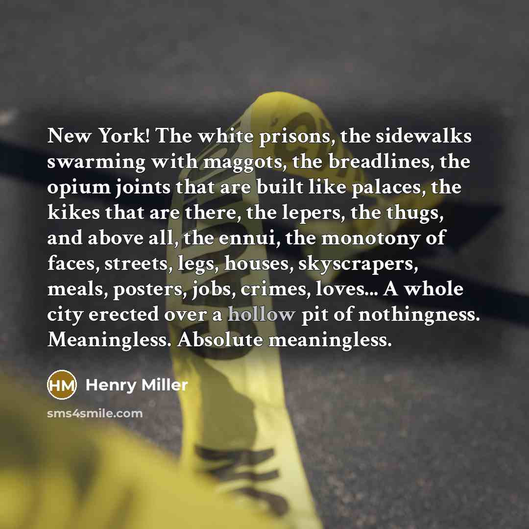 “New York! The white prisons, the sidewalks swarming with maggots, the breadlines, the opium joints that are built like palaces, the kikes that are there, the lepers, the thugs, and above all, the ennui, the monotony of faces, streets, legs, houses, skyscrapers, meals, posters, jobs, crimes…” quote by Henry Miller