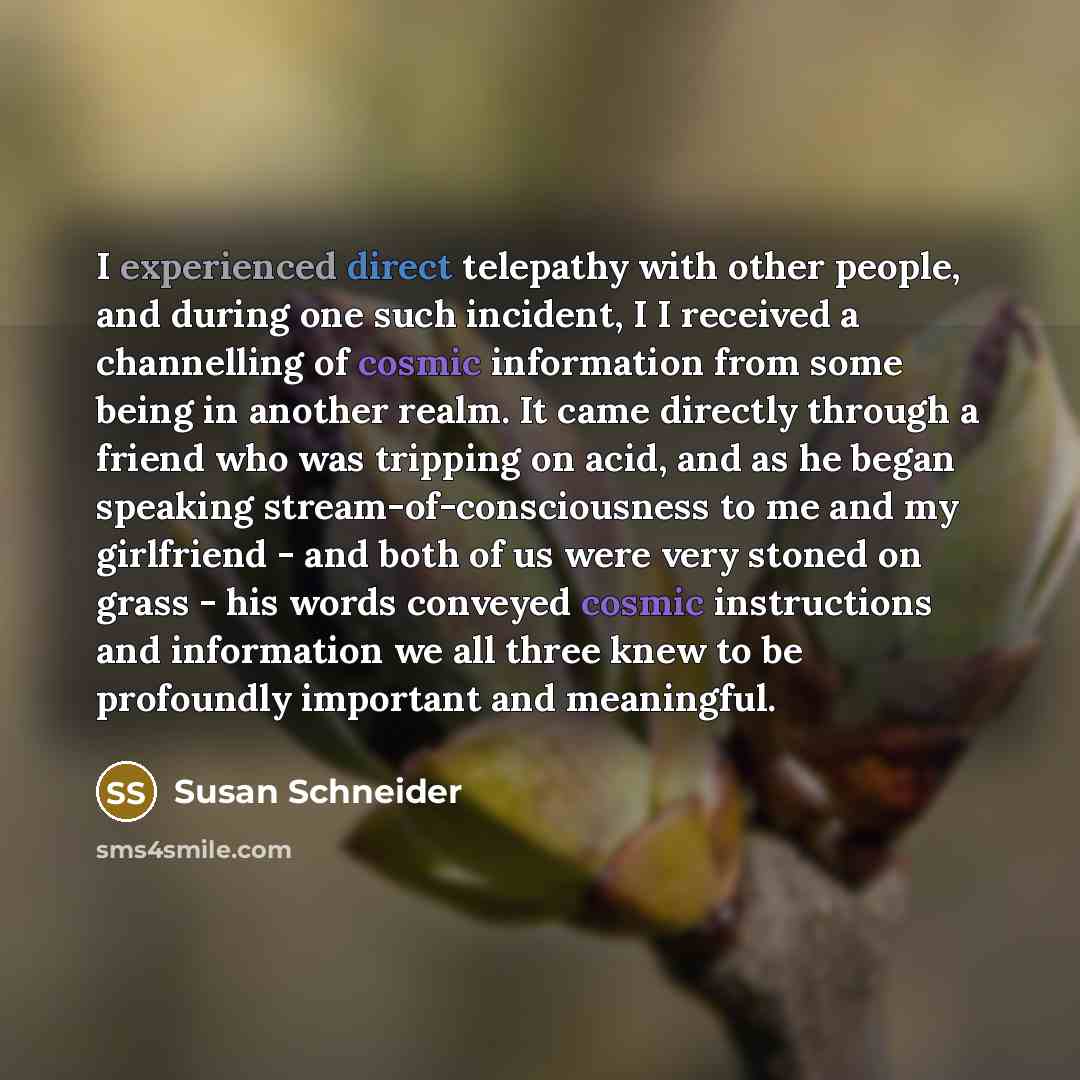“I experienced direct telepathy with other people, and during one such incident, I I received a channelling of cosmic information from some being in another realm. It came directly through a friend who was tripping on acid, and as he began speaking stream-of-consciousness to me and my girlfriend…” quote by Susan Schneider