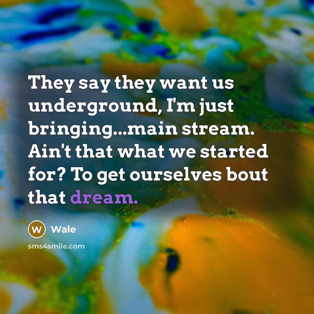 “They say they want us underground, I'm just bringing...main stream. Ain't that what we started for? To get ourselves bout that dream.” quote by Wale