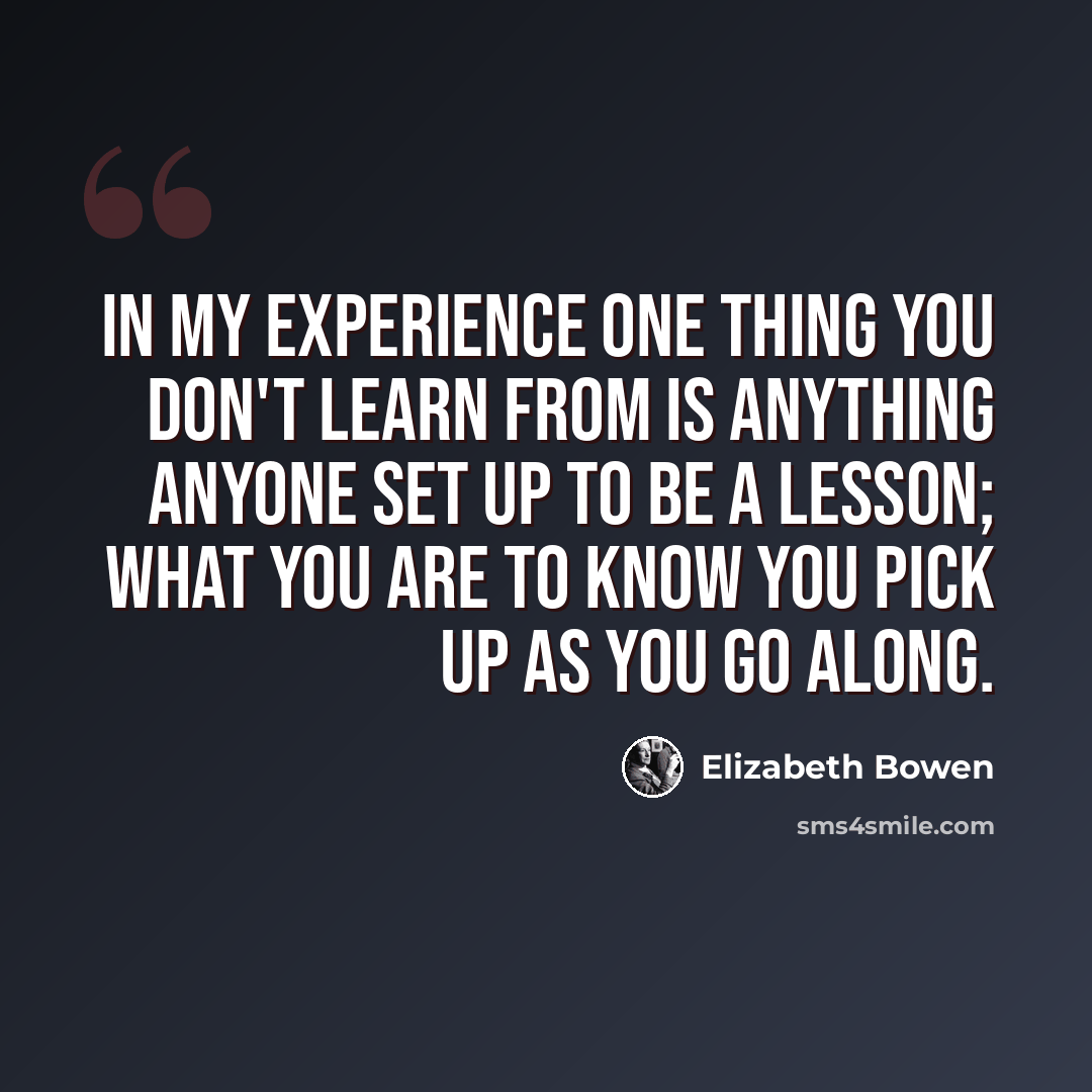 “in my experience one thing you don't learn from is anything anyone set up to be a lesson; what you are to know you pick up as you go along.” quote by Elizabeth Bowen