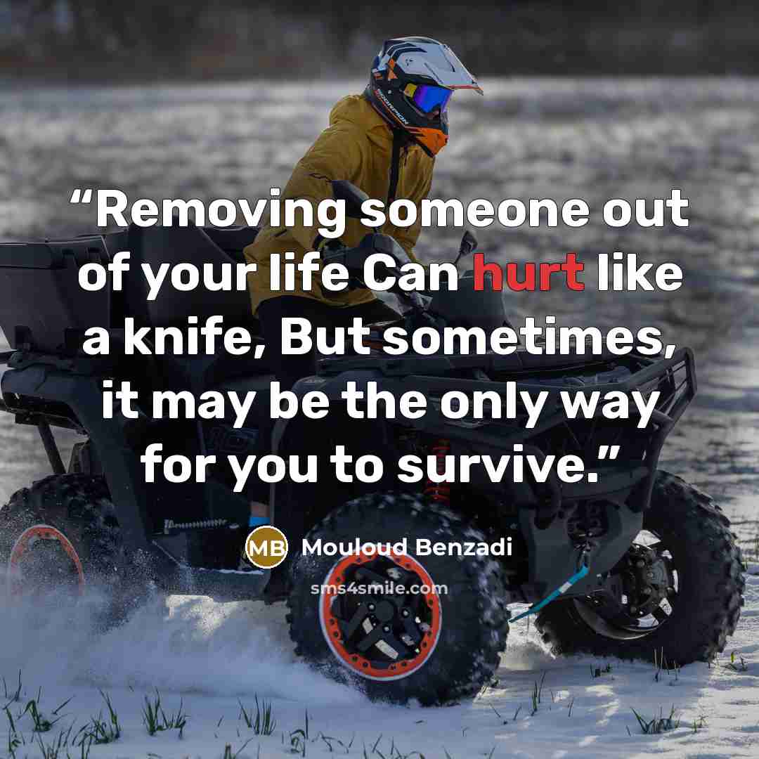 “Removing someone out of your life Can hurt like a knife, But sometimes, it may be the only way for you to survive.” quote by Mouloud Benzadi
