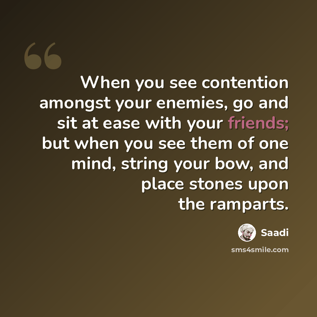 “When you see contention amongst your enemies, go and sit at ease with your friends; but when you see them of one mind, string your bow, and place stones upon the ramparts.” quote by Saadi