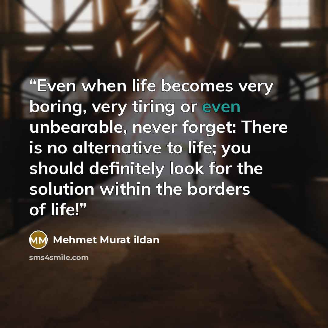 “Even when life becomes very boring, very tiring or even unbearable, never forget: There is no alternative to life; you should definitely look for the solution within the borders of life!” quote by Mehmet Murat ildan