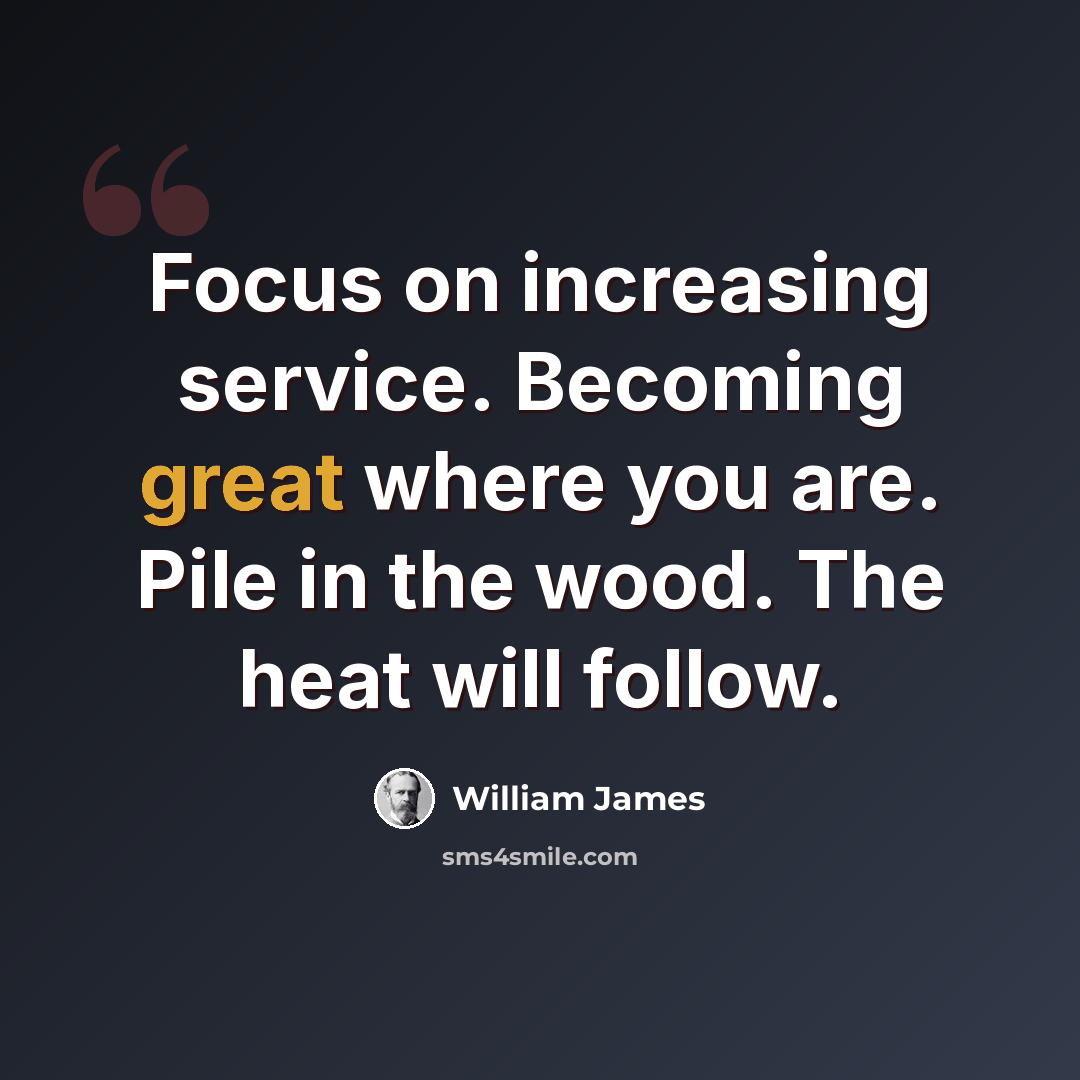 “Focus on increasing service. Becoming great where you are. Pile in the wood. The heat will follow.” quote by William James