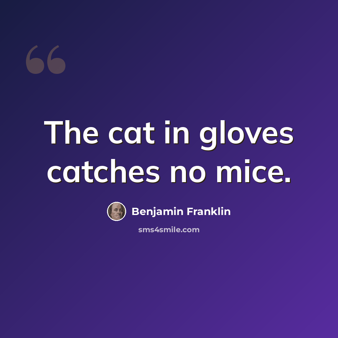 “The cat in gloves catches no mice.” quote by Benjamin Franklin