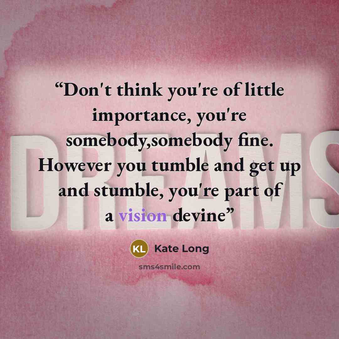 “Don't think you're of little importance, you're somebody,somebody fine. However you tumble and get up and stumble, you're part of a vision devine” quote by Kate Long