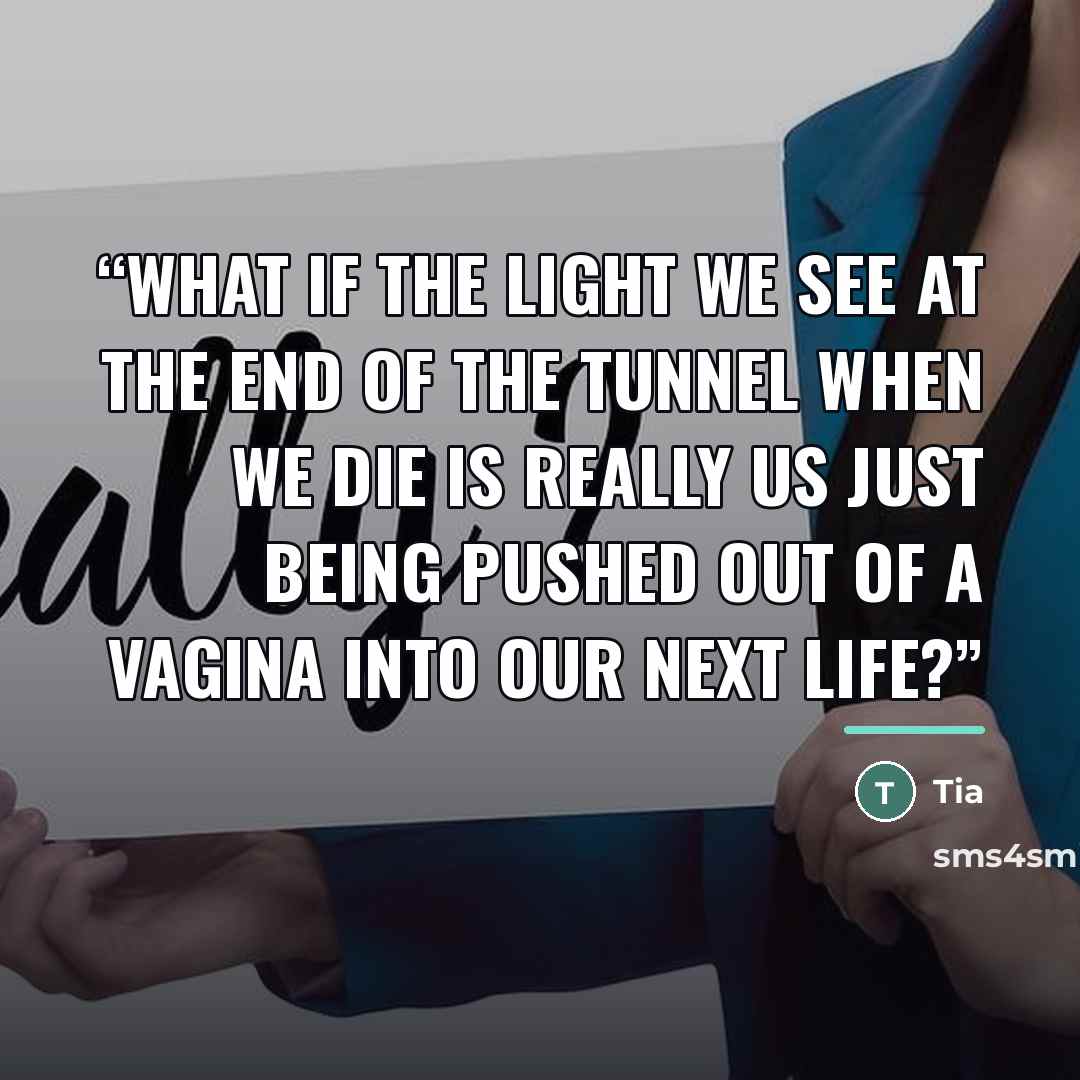 “What if the light we see at the end of the tunnel when we die is really us just being pushed out of a vagina into our next life?” quote by Tia
