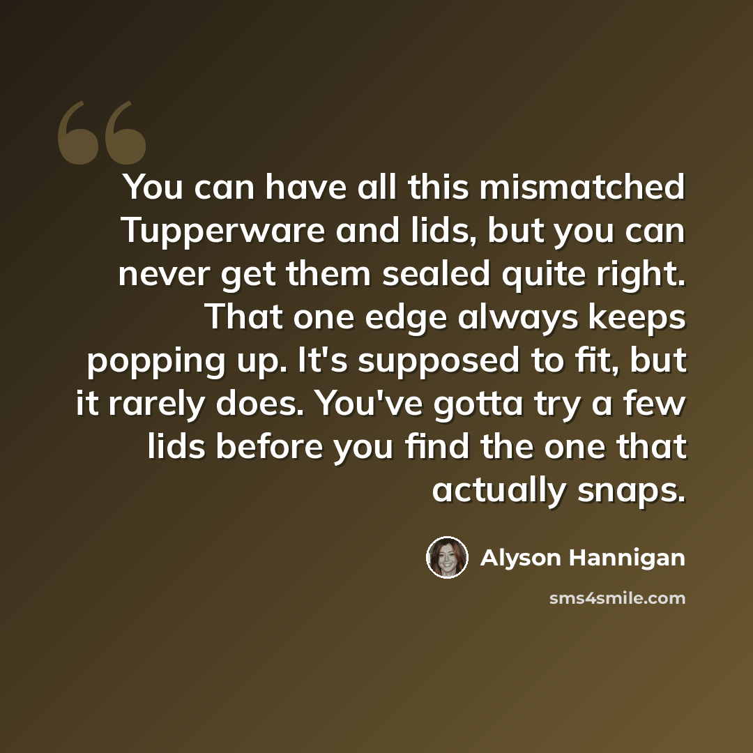 “You can have all this mismatched Tupperware and lids, but you can never get them sealed quite right. That one edge always keeps popping up. It's supposed to fit, but it rarely does. You've gotta try a few lids before you find the one that actually snaps.” quote by Alyson Hannigan