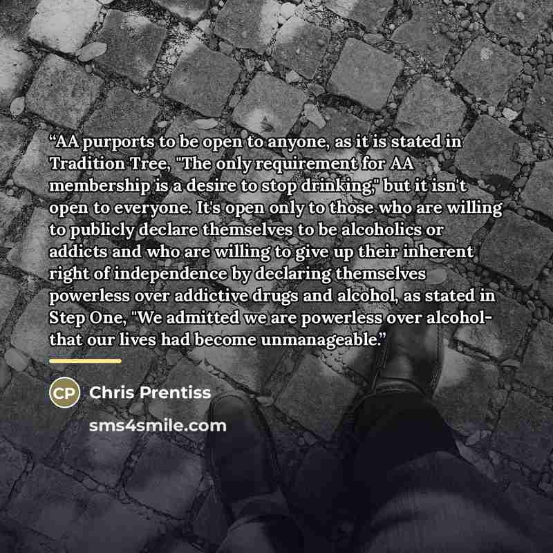 “AA purports to be open to anyone, as it is stated in Tradition Tree, "The only requirement for AA membership is a desire to stop drinking," but it isn't open to everyone. It's open only to those who are willing to publicly declare themselves to be alcoholics or addicts and who are willing to give…” quote by Chris Prentiss