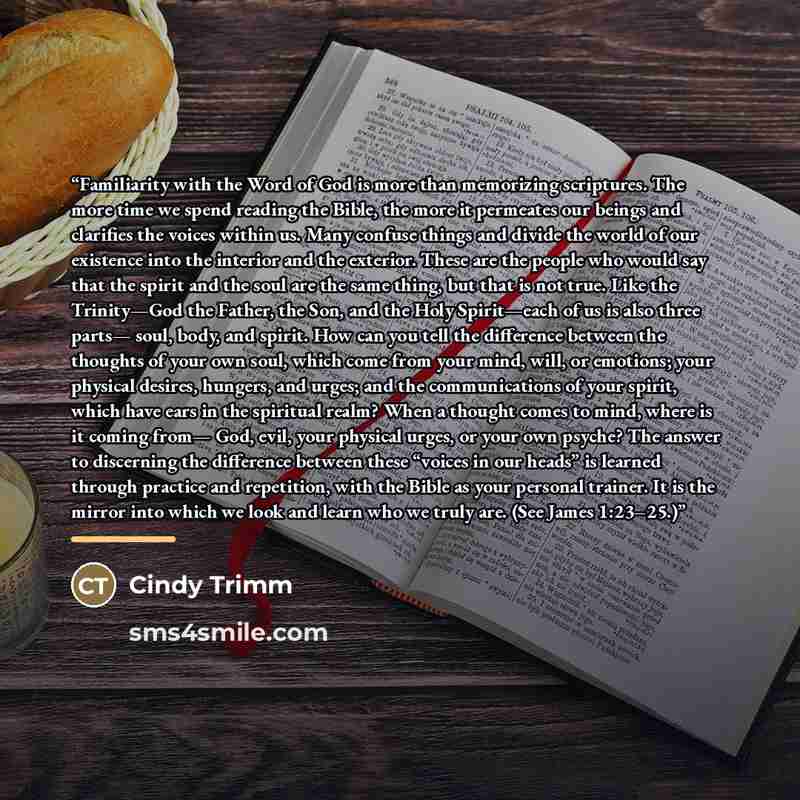 “Familiarity with the Word of God is more than memorizing scriptures. The more time we spend reading the Bible, the more it permeates our beings and clarifies the voices within us. Many confuse things and divide the world of our existence into the interior and the exterior. These are the people who…” quote by Cindy Trimm