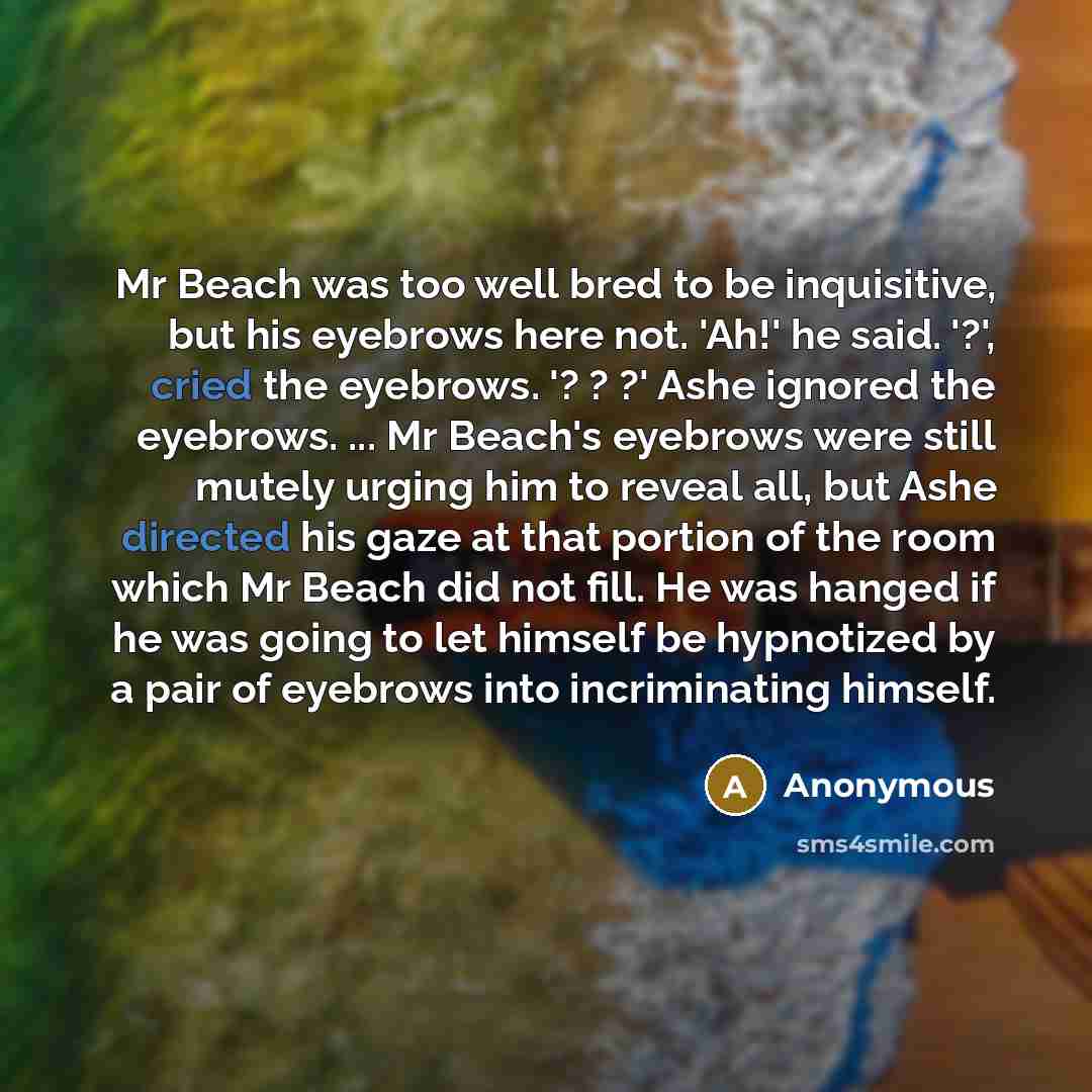 “Mr Beach was too well bred to be inquisitive, but his eyebrows here not. 'Ah!' he said. '?', cried the eyebrows. '? ? ?' Ashe ignored the eyebrows. ... Mr Beach's eyebrows were still mutely urging him to reveal all, but Ashe directed his gaze at that portion of the room which Mr Beach did not…” quote by Anonymous