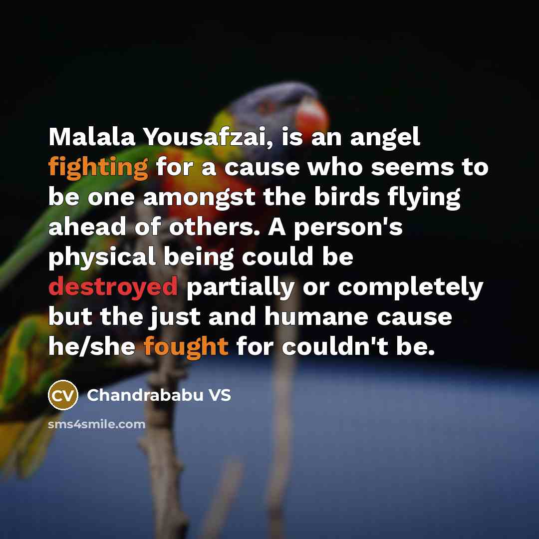 “Malala Yousafzai, is an angel fighting for a cause who seems to be one amongst the birds flying ahead of others. A person's physical being could be destroyed partially or completely but the just and humane cause he/she fought for couldn't be.” quote by Chandrababu VS