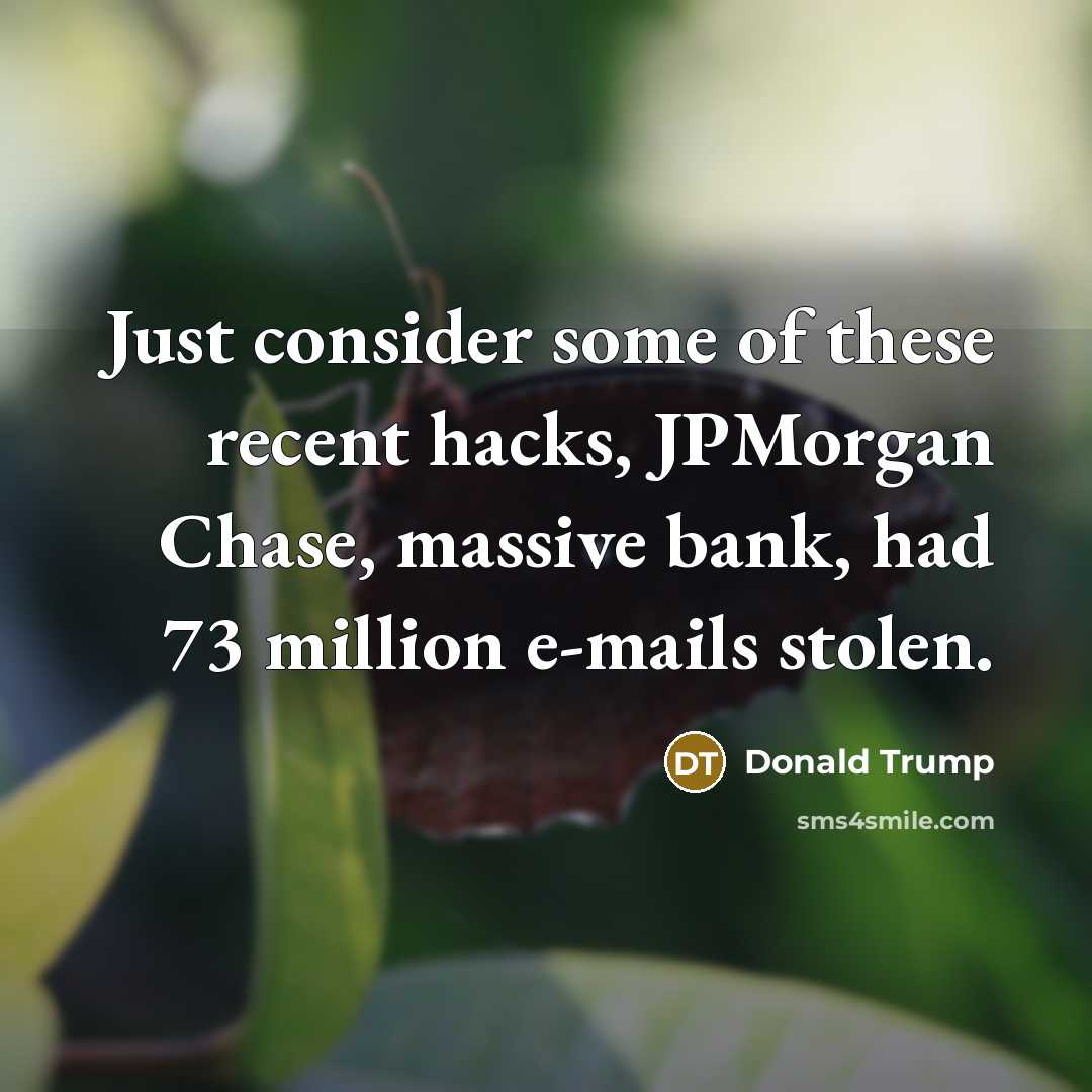 “Just consider some of these recent hacks, JPMorgan Chase, massive bank, had 73 million e-mails stolen.” quote by Donald Trump