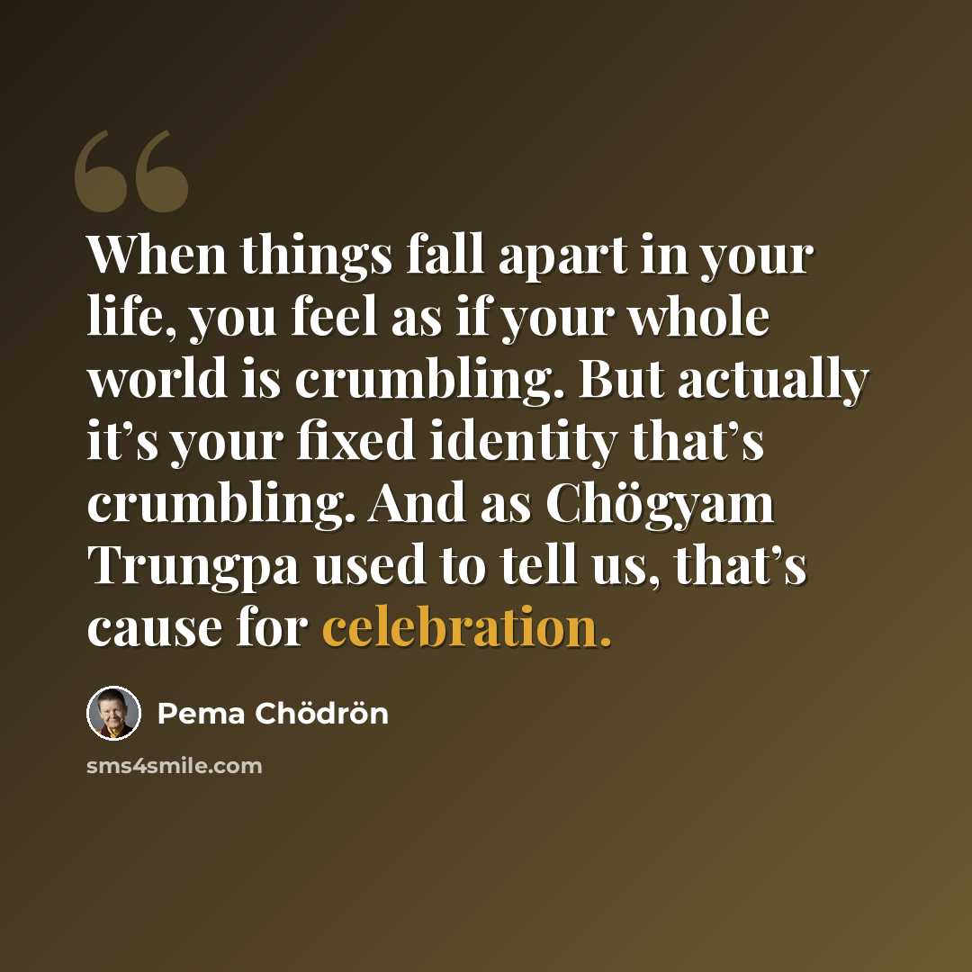 “When things fall apart in your life, you feel as if your whole world is crumbling. But actually it’s your fixed identity that’s crumbling. And as Chögyam Trungpa used to tell us, that’s cause for celebration.” quote by Pema Chodron