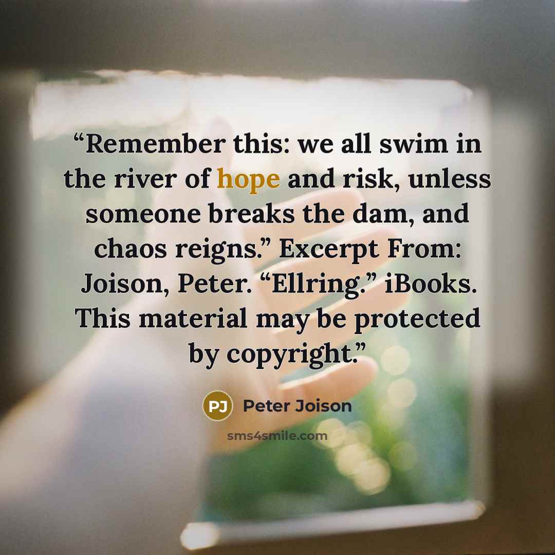 “Remember this: we all swim in the river of hope and risk, unless someone breaks the dam, and chaos reigns.” Excerpt From: Joison, Peter. “Ellring.” iBooks. This material may be protected by copyright.” quote by Peter Joison