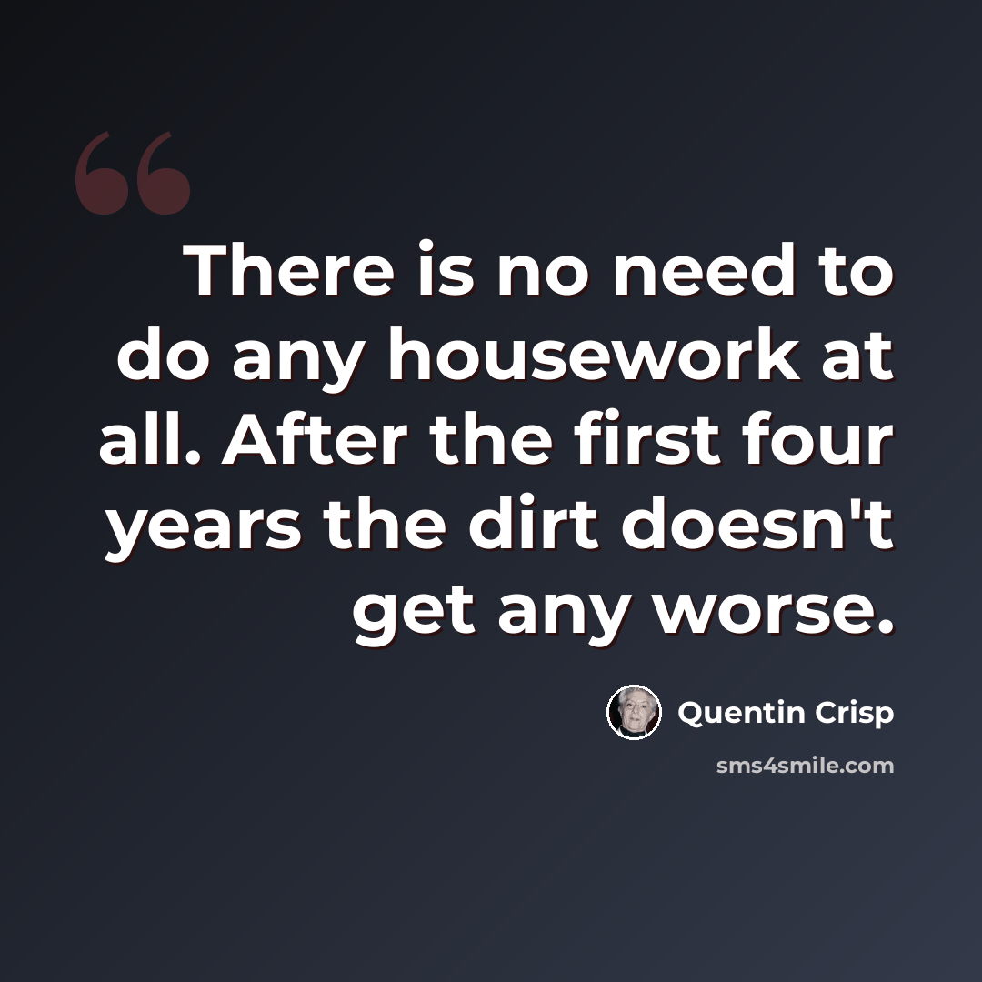 “There is no need to do any housework at all. After the first four years the dirt doesn't get any worse.” quote by Quentin Crisp