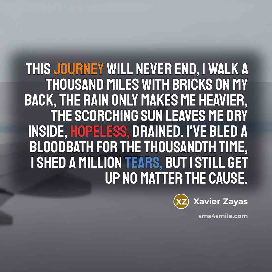 “This journey will never end, I walk a thousand miles with bricks on my back, the rain only makes me heavier, the scorching sun leaves me dry inside, hopeless, drained. I've bled a bloodbath for the thousandth time, I shed a million tears, but I still get up no matter the cause.” quote by Xavier Zayas