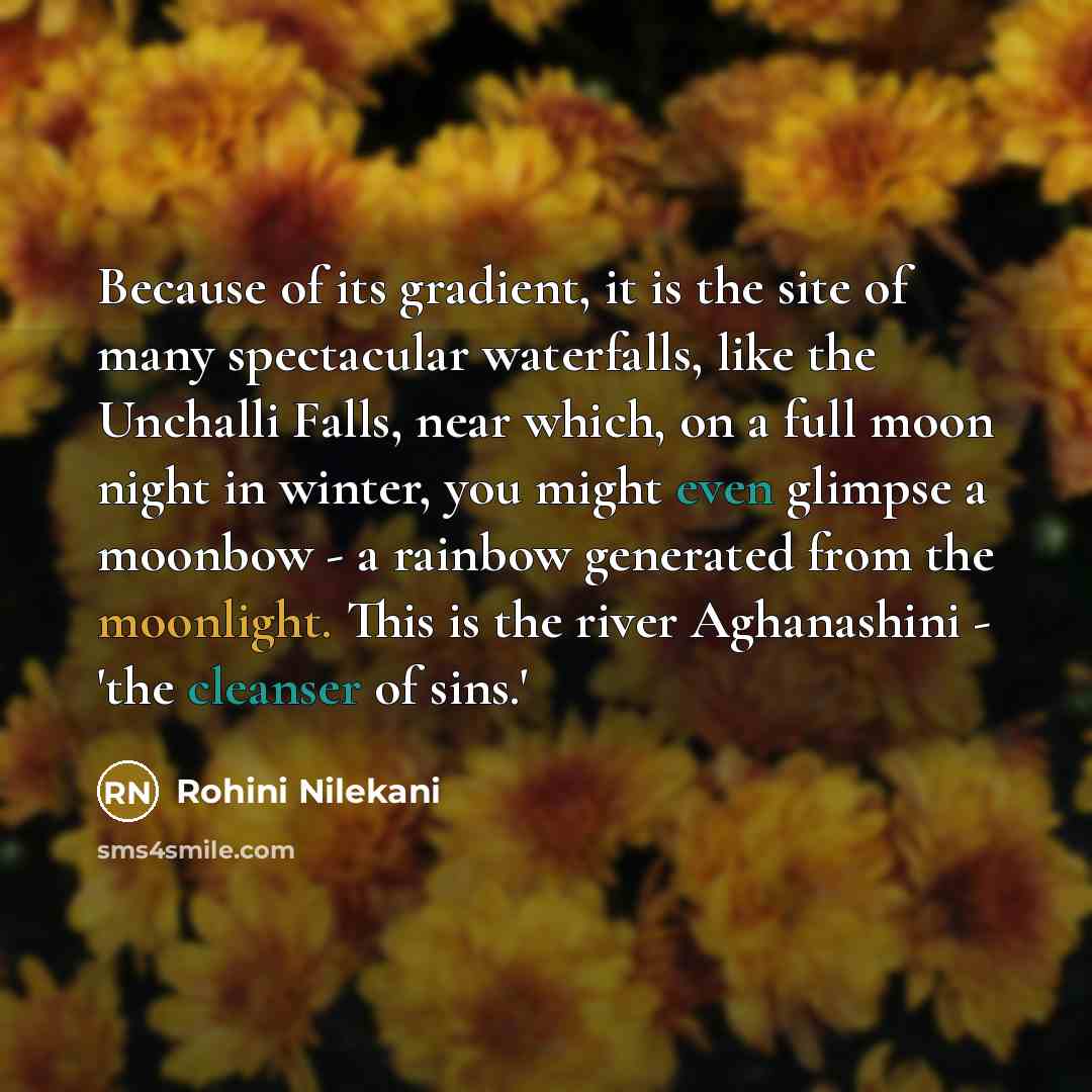“Because of its gradient, it is the site of many spectacular waterfalls, like the Unchalli Falls, near which, on a full moon night in winter, you might even glimpse a moonbow - a rainbow generated from the moonlight. This is the river Aghanashini - 'the cleanser of sins.'” quote by Rohini Nilekani