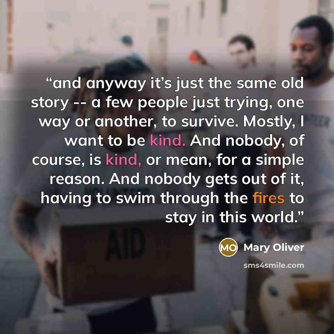 “and anyway it’s just the same old story -- a few people just trying, one way or another, to survive. Mostly, I want to be kind. And nobody, of course, is kind, or mean, for a simple reason. And nobody gets out of it, having to swim through the fires to stay in this world.” quote by Mary Oliver