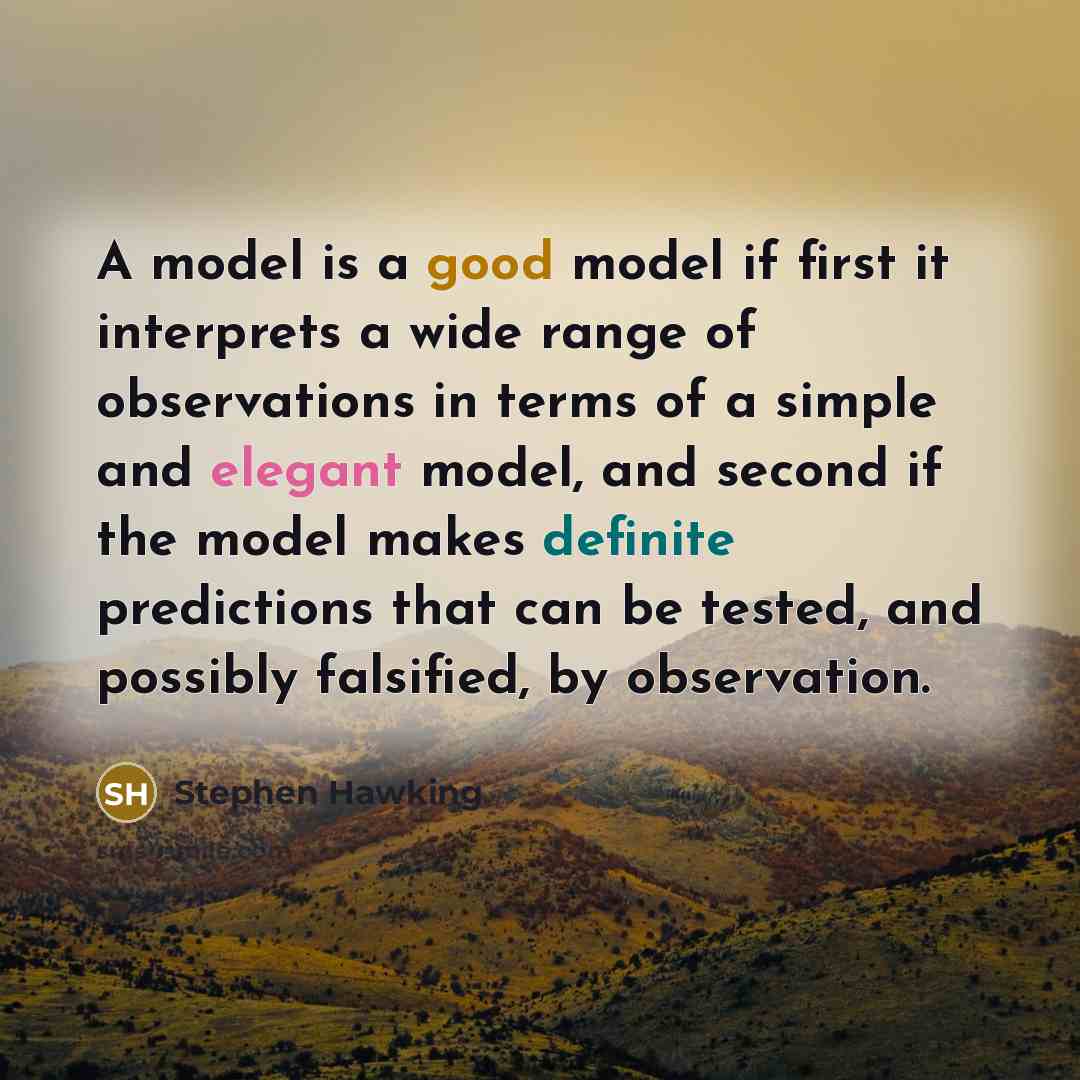 “A model is a good model if first it interprets a wide range of observations in terms of a simple and elegant model, and second if the model makes definite predictions that can be tested, and possibly falsified, by observation.” quote by Stephen Hawking