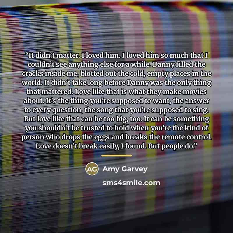 “It didn’t matter. I loved him. I loved him so much that I couldn’t see anything else for a while. Danny filled the cracks inside me, blotted out the cold, empty places in the world. It didn’t take long before Danny was the only thing that mattered. Love like that is what they make movies about…” quote by Amy Garvey