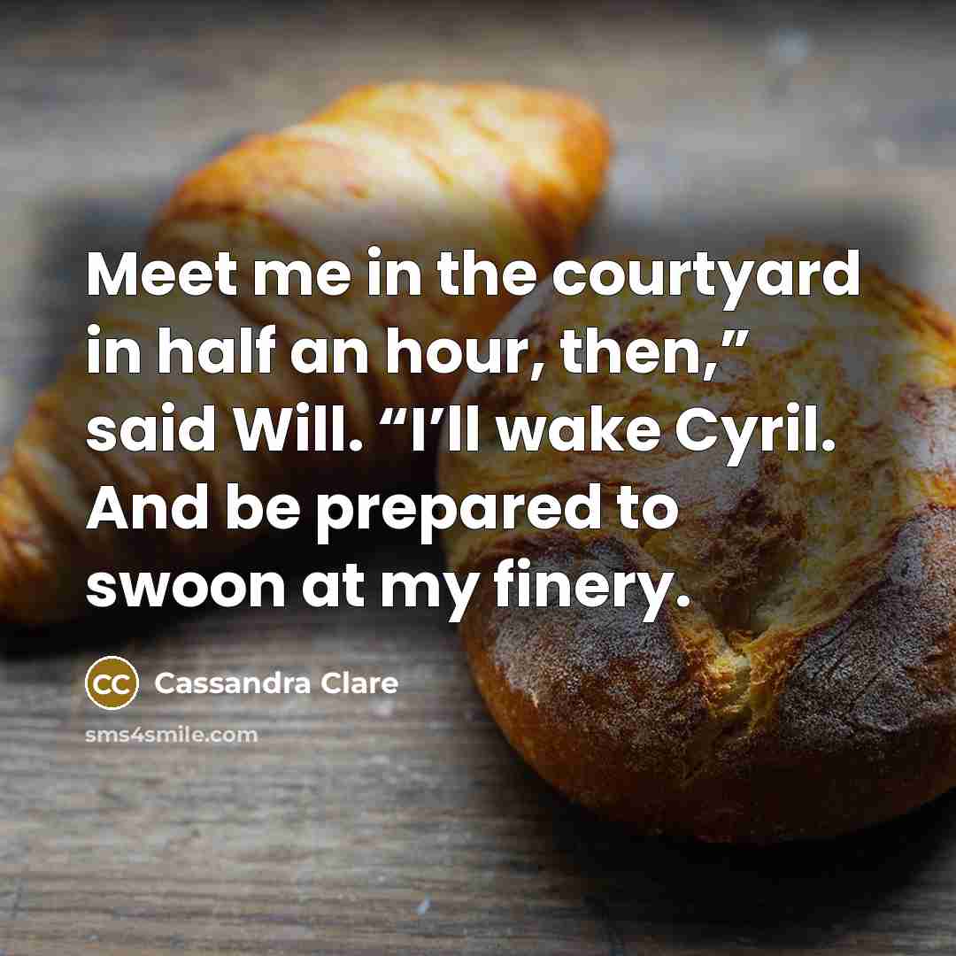 “Meet me in the courtyard in half an hour, then,” said Will. “I’ll wake Cyril. And be prepared to swoon at my finery.” quote by Cassandra Clare