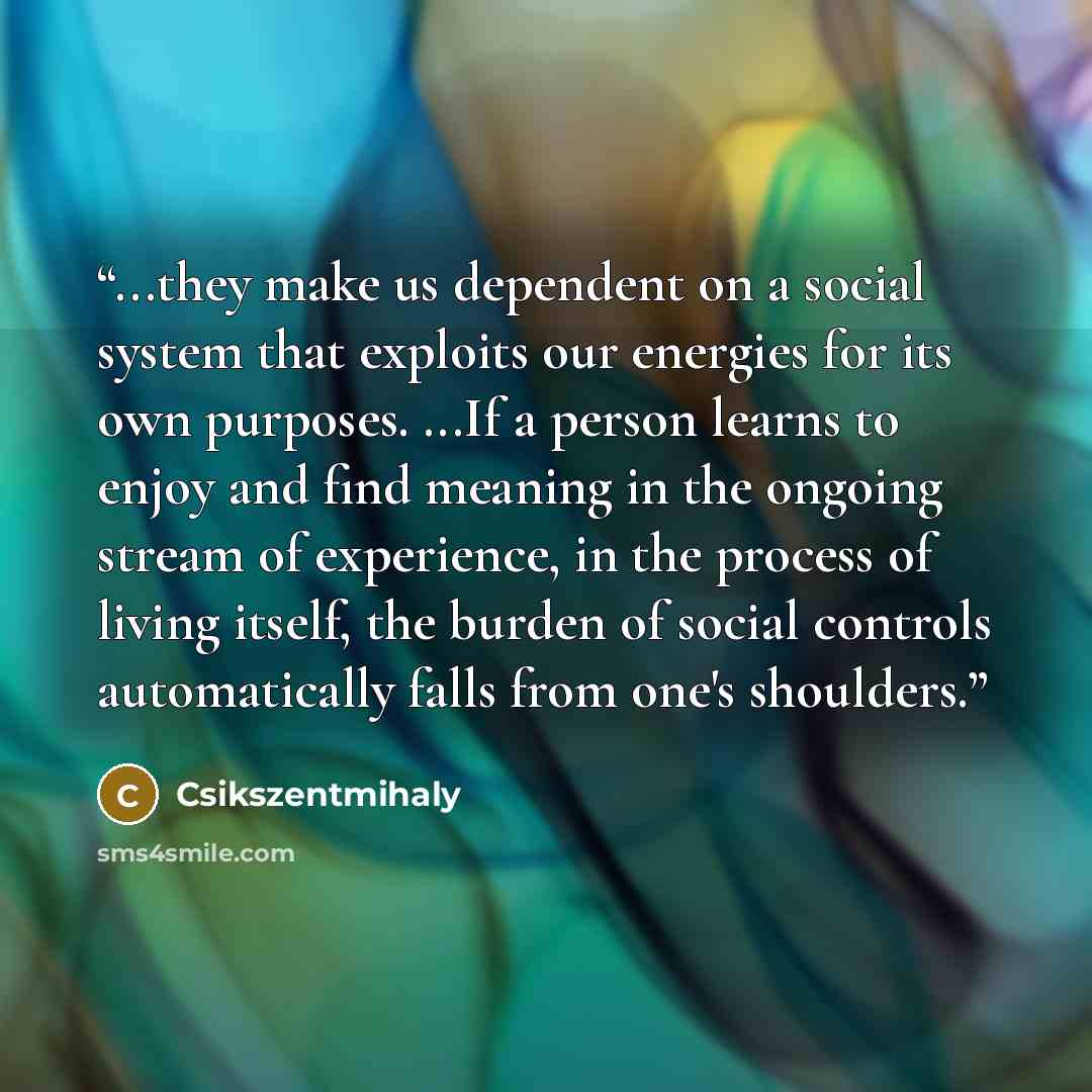 “...they make us dependent on a social system that exploits our energies for its own purposes. ...If a person learns to enjoy and find meaning in the ongoing stream of experience, in the process of living itself, the burden of social controls automatically falls from one's shoulders.” quote by Csikszentmihaly