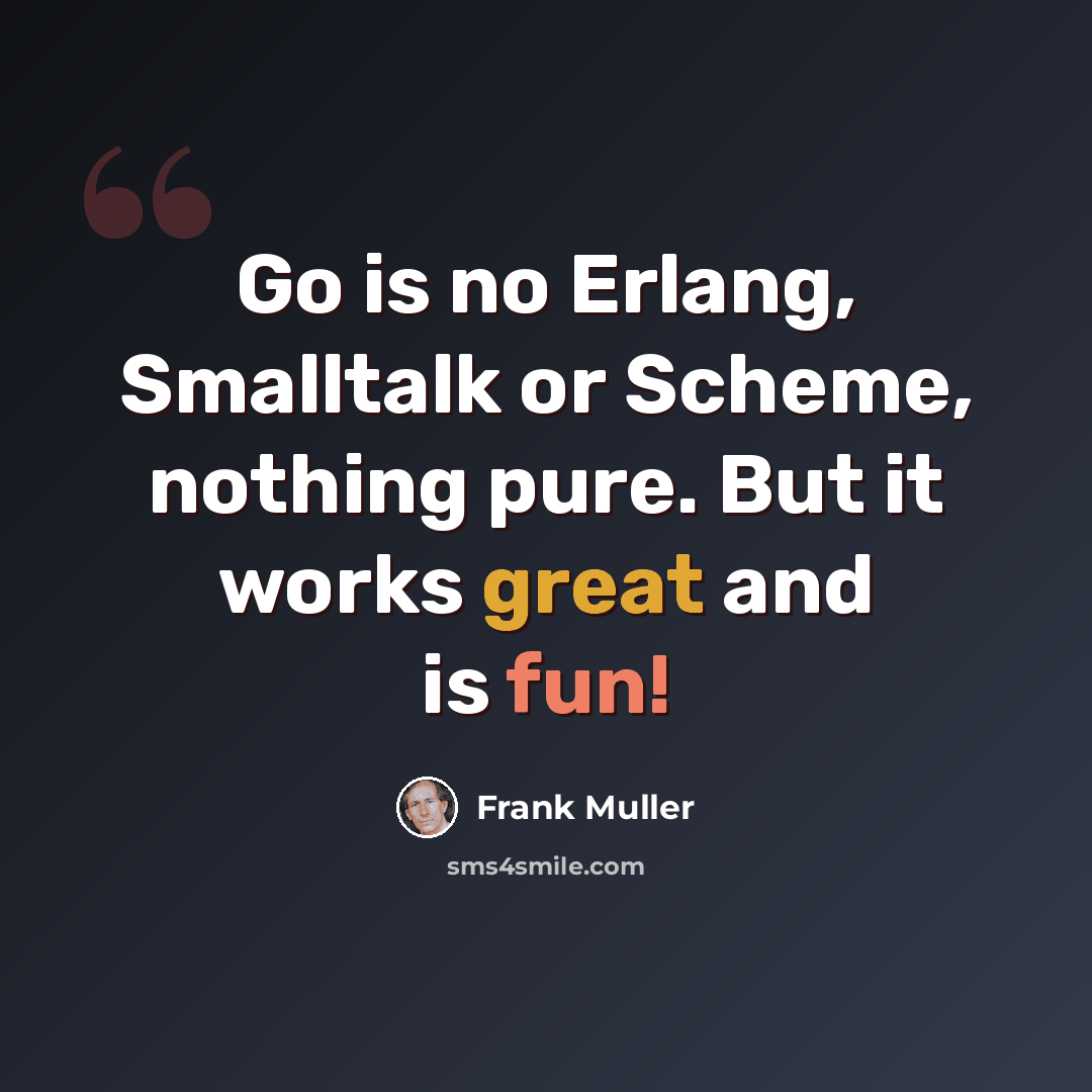 “Go is no Erlang, Smalltalk or Scheme, nothing pure. But it works great and is fun!” quote by Frank Muller