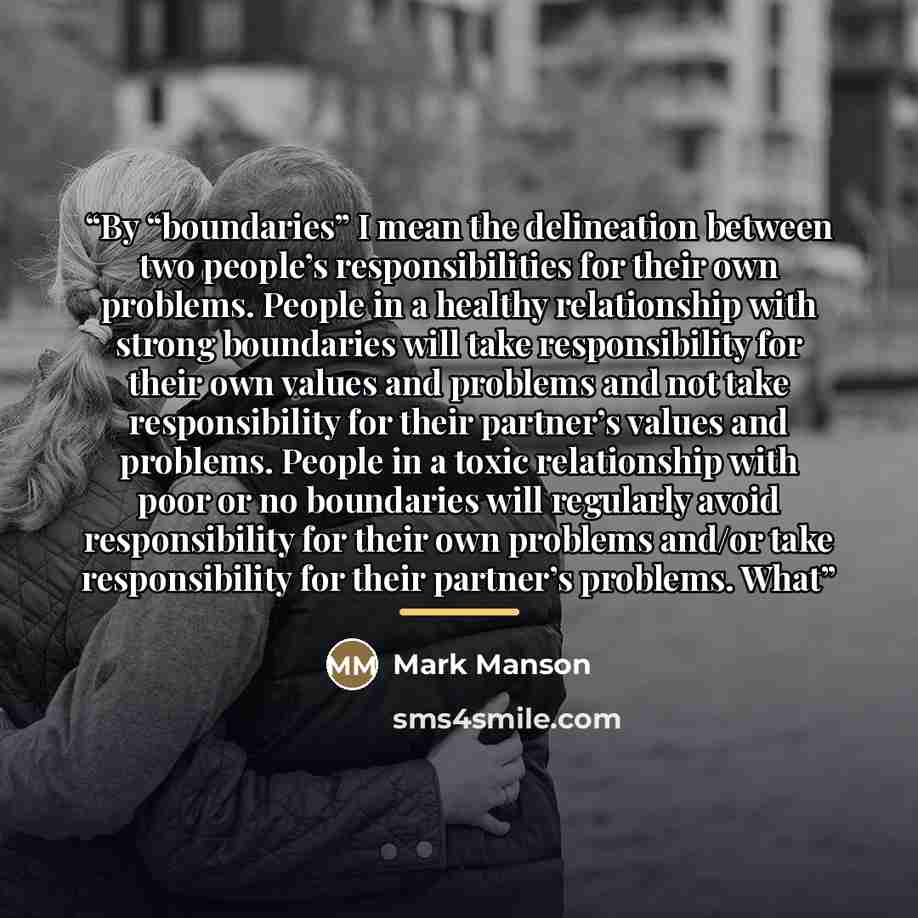 “By “boundaries” I mean the delineation between two people’s responsibilities for their own problems. People in a healthy relationship with strong boundaries will take responsibility for their own values and problems and not take responsibility for their partner’s values and problems. People in a…” quote by Mark Manson
