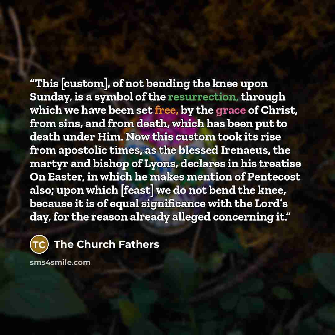 “This [custom], of not bending the knee upon Sunday, is a symbol of the resurrection, through which we have been set free, by the grace of Christ, from sins, and from death, which has been put to death under Him. Now this custom took its rise from apostolic times, as the blessed Irenaeus, the…” quote by The Church Fathers