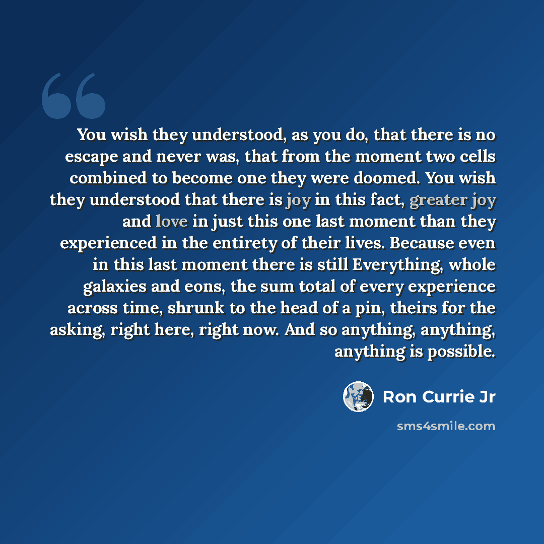 “You wish they understood, as you do, that there is no escape and never was, that from the moment two cells combined to become one they were doomed. You wish they understood that there is joy in this fact, greater joy and love in just this one last moment than they experienced in the entirety of…” quote by Ron Currie Jr
