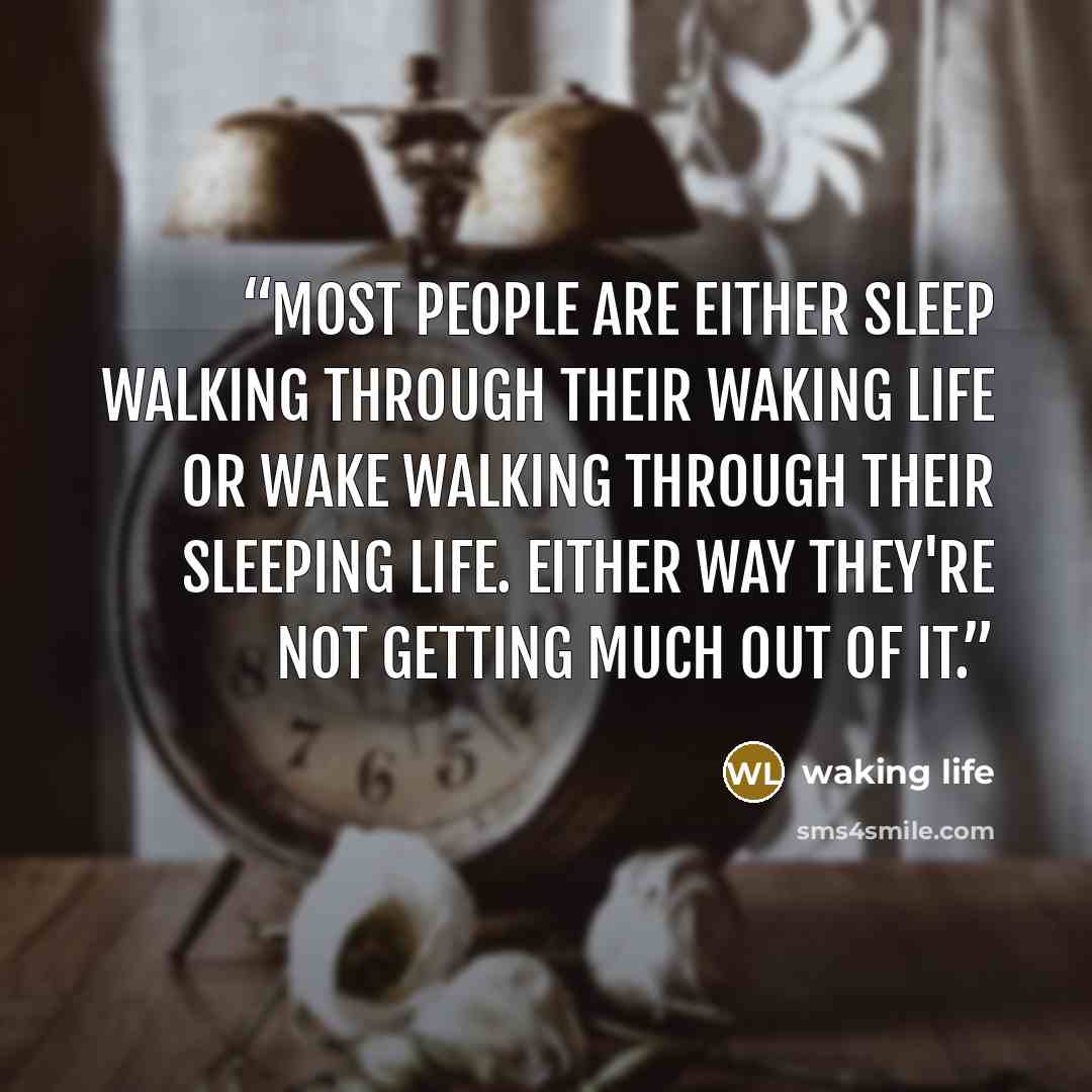 “most people are either sleep walking through their waking life or wake walking through their sleeping life. either way they're not getting much out of it.” quote by waking life