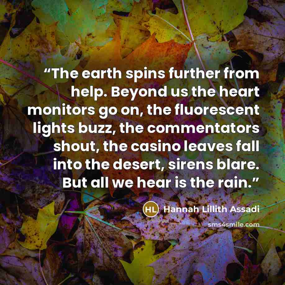 “The earth spins further from help. Beyond us the heart monitors go on, the fluorescent lights buzz, the commentators shout, the casino leaves fall into the desert, sirens blare. But all we hear is the rain.” quote by Hannah Lillith Assadi