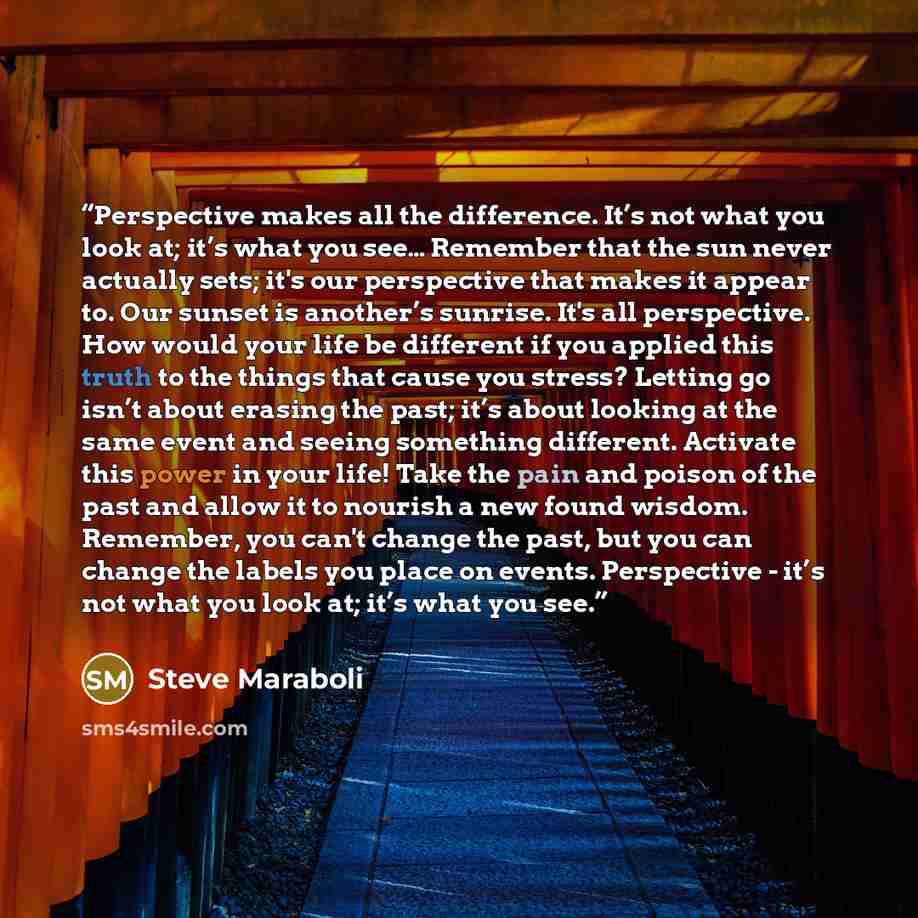“Perspective makes all the difference. It’s not what you look at; it’s what you see… Remember that the sun never actually sets; it's our perspective that makes it appear to. Our sunset is another’s sunrise. It's all perspective. How would your life be different if you applied this truth to the…” quote by Steve Maraboli