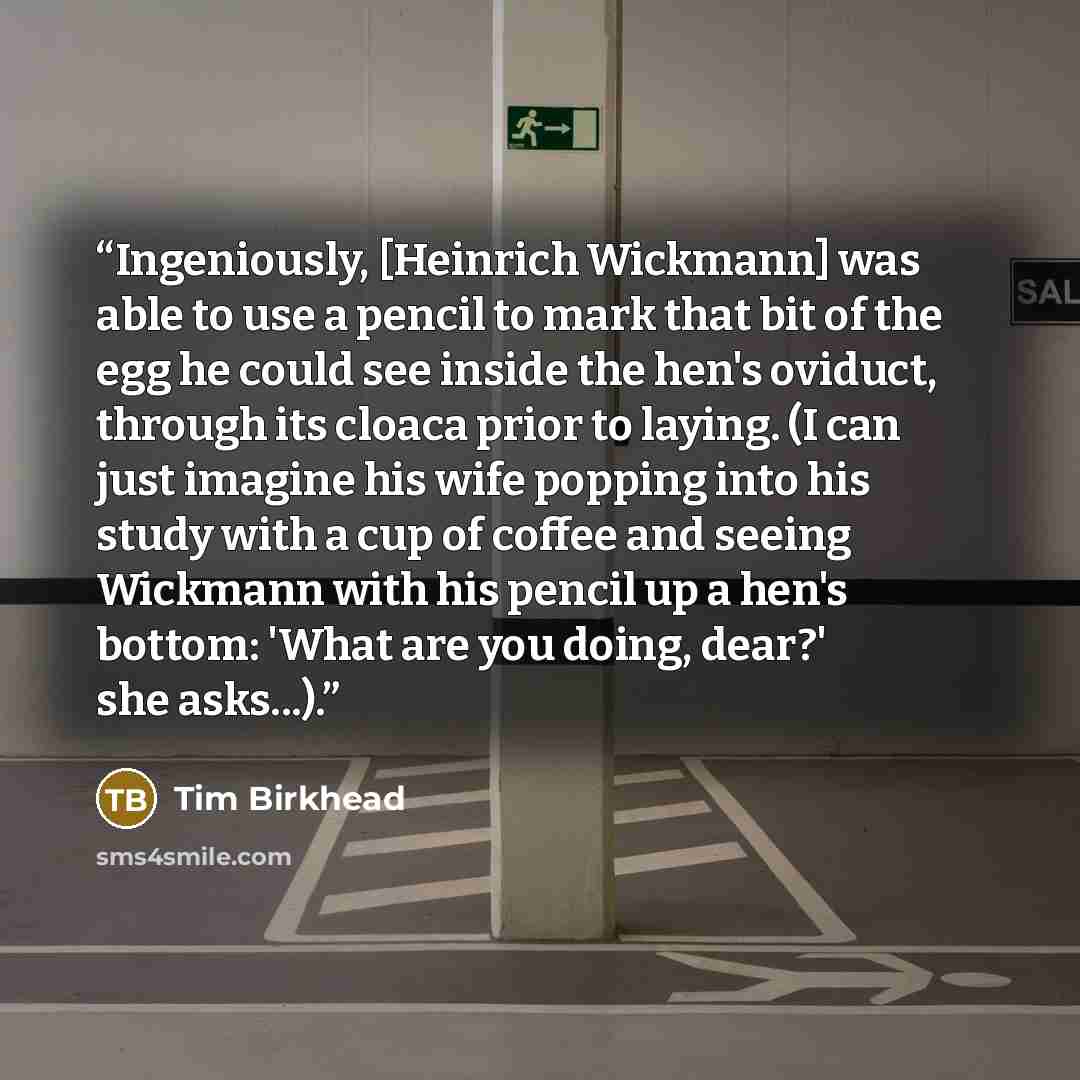 “Ingeniously, [Heinrich Wickmann] was able to use a pencil to mark that bit of the egg he could see inside the hen's oviduct, through its cloaca prior to laying. (I can just imagine his wife popping into his study with a cup of coffee and seeing Wickmann with his pencil up a hen's bottom: 'What are…” quote by Tim Birkhead