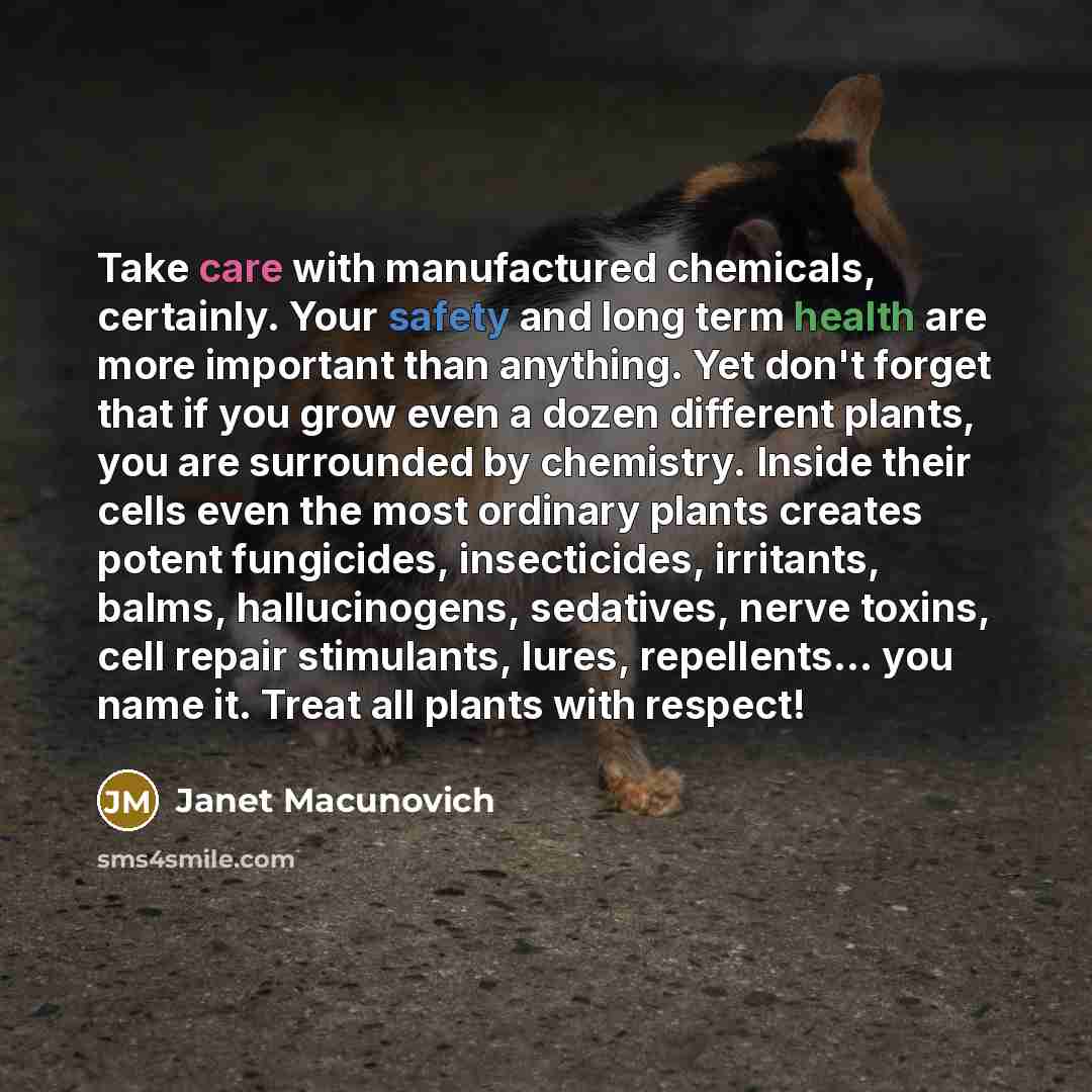 “Take care with manufactured chemicals, certainly. Your safety and long term health are more important than anything. Yet don't forget that if you grow even a dozen different plants, you are surrounded by chemistry. Inside their cells even the most ordinary plants creates potent fungicides…” quote by Janet Macunovich