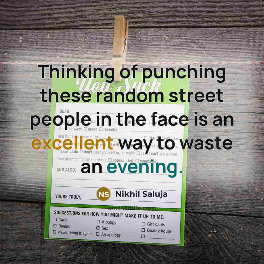 “Thinking of punching these random street people in the face is an excellent way to waste an evening.” quote by Nikhil Saluja
