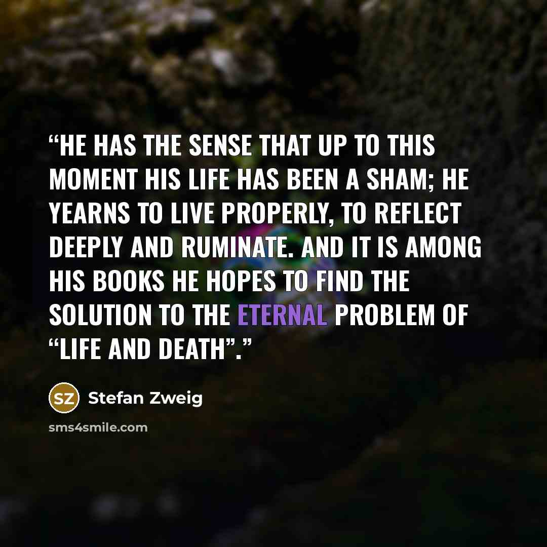 “He has the sense that up to this moment his life has been a sham; he yearns to live properly, to reflect deeply and ruminate. And it is among his books he hopes to find the solution to the eternal problem of “life and death”.” quote by Stefan Zweig