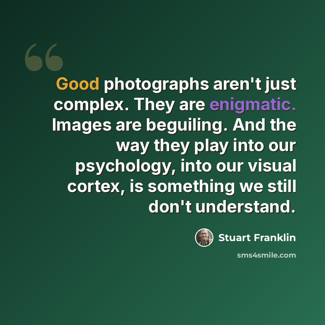 “Good photographs aren't just complex. They are enigmatic. Images are beguiling. And the way they play into our psychology, into our visual cortex, is something we still don't understand.” quote by Stuart Franklin