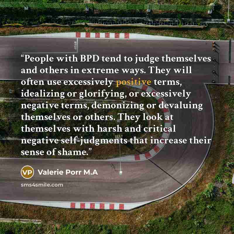“People with BPD tend to judge themselves and others in extreme ways. They will often use excessively positive terms, idealizing or glorifying, or excessively negative terms, demonizing or devaluing themselves or others. They look at themselves with harsh and critical negative self-judgments that…” quote by Valerie Porr M.A