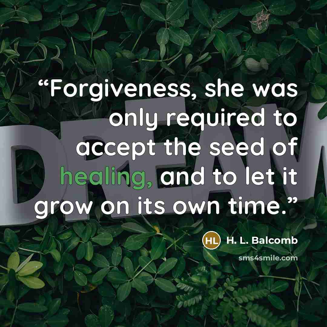 “Forgiveness, she was only required to accept the seed of healing, and to let it grow on its own time.” quote by H. L. Balcomb