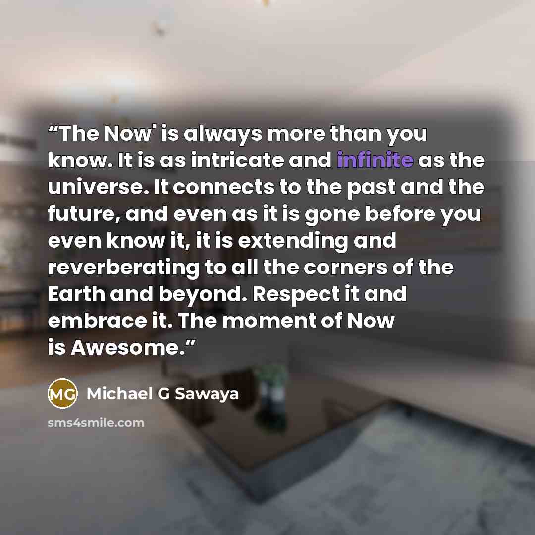“The Now' is always more than you know. It is as intricate and infinite as the universe. It connects to the past and the future, and even as it is gone before you even know it, it is extending and reverberating to all the corners of the Earth and beyond. Respect it and embrace it. The moment of Now…” quote by Michael G Sawaya
