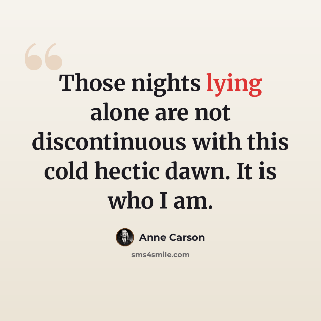 “Those nights lying alone are not discontinuous with this cold hectic dawn. It is who I am.” quote by Anne Carson