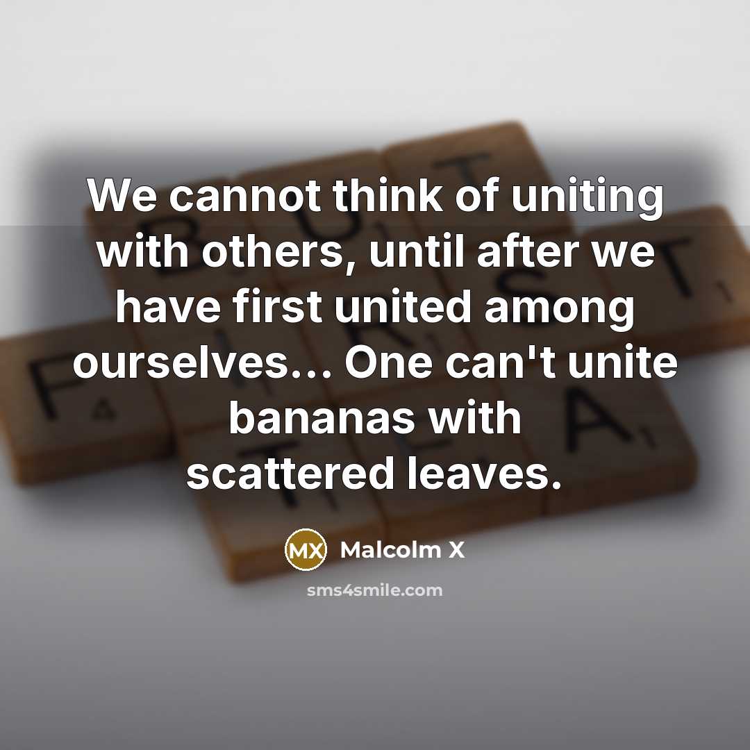 “We cannot think of uniting with others, until after we have first united among ourselves... One can't unite bananas with scattered leaves.” quote by Malcolm X