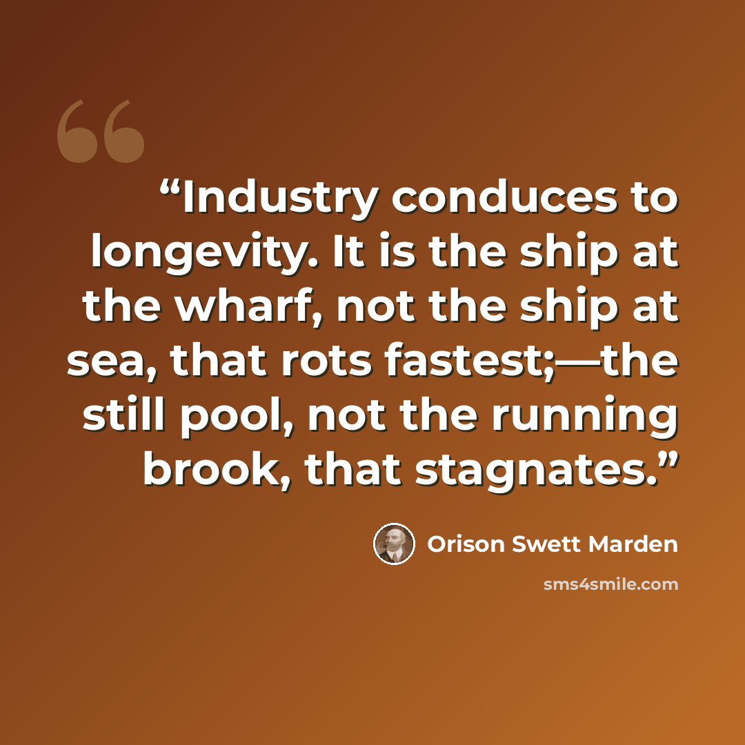 “Industry conduces to longevity. It is the ship at the wharf, not the ship at sea, that rots fastest;—the still pool, not the running brook, that stagnates.” quote by Orison Swett Marden