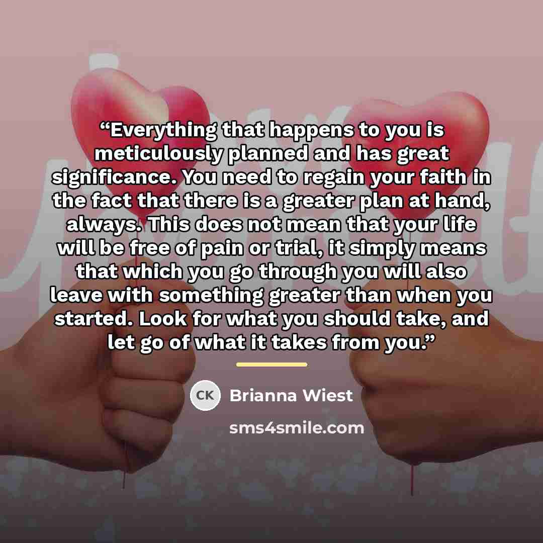 “Everything that happens to you is meticulously planned and has great significance. You need to regain your faith in the fact that there is a greater plan at hand, always. This does not mean that your life will be free of pain or trial, it simply means that which you go through you will also leave…” quote by Brianna Wiest